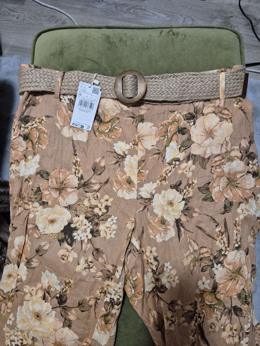 Mango Floral Wide-Leg Linen Pants with Woven Belt Size 46 - Picture 7 of 10